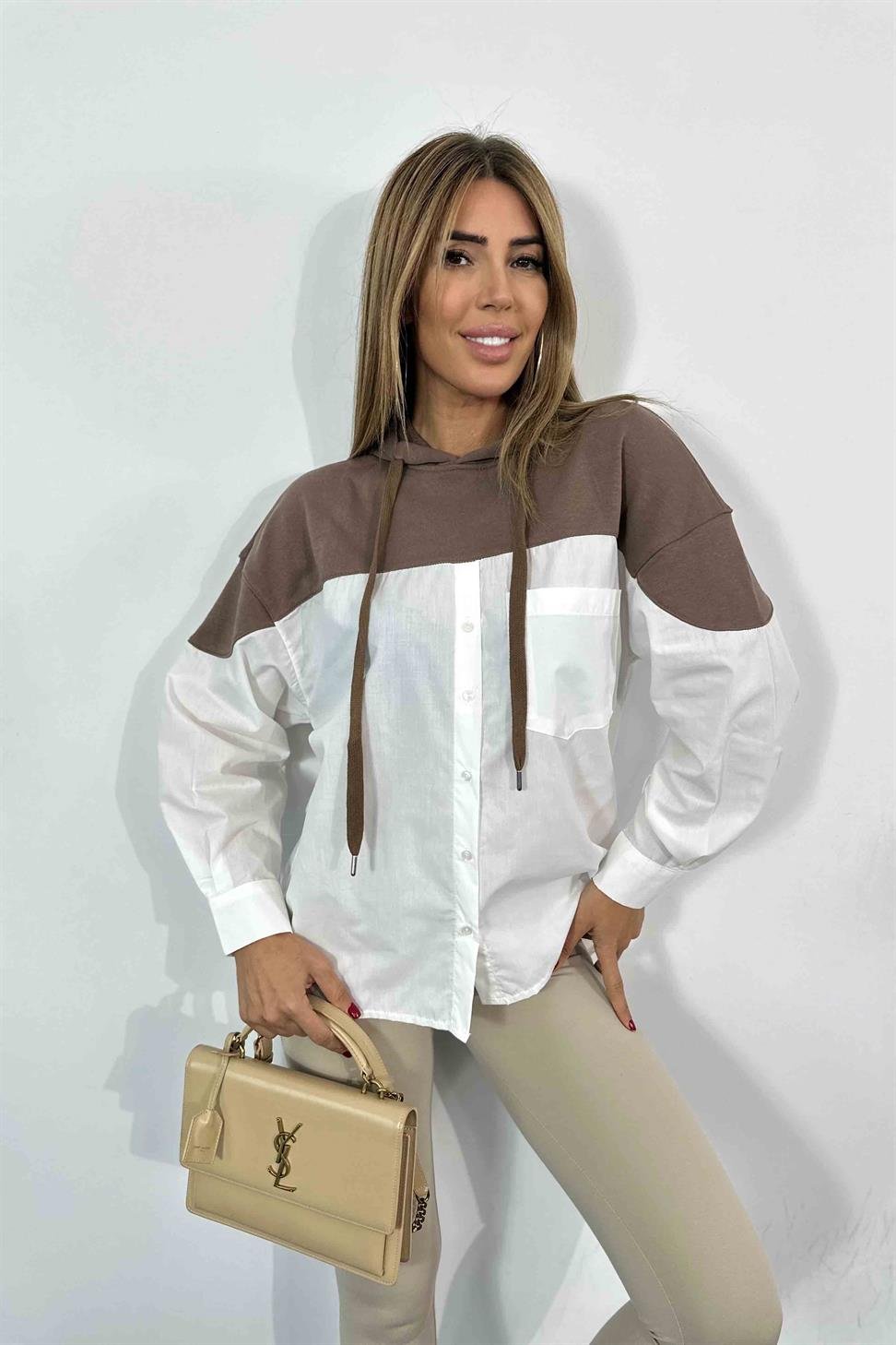 Kapüşonlu Gömlek Detay Kadın Sweatshirt Vizon