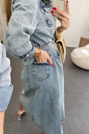 Kar Yıkama Mavi Çift Cep Ve Lazer Kesim Detay Tasarım Jean Elbise