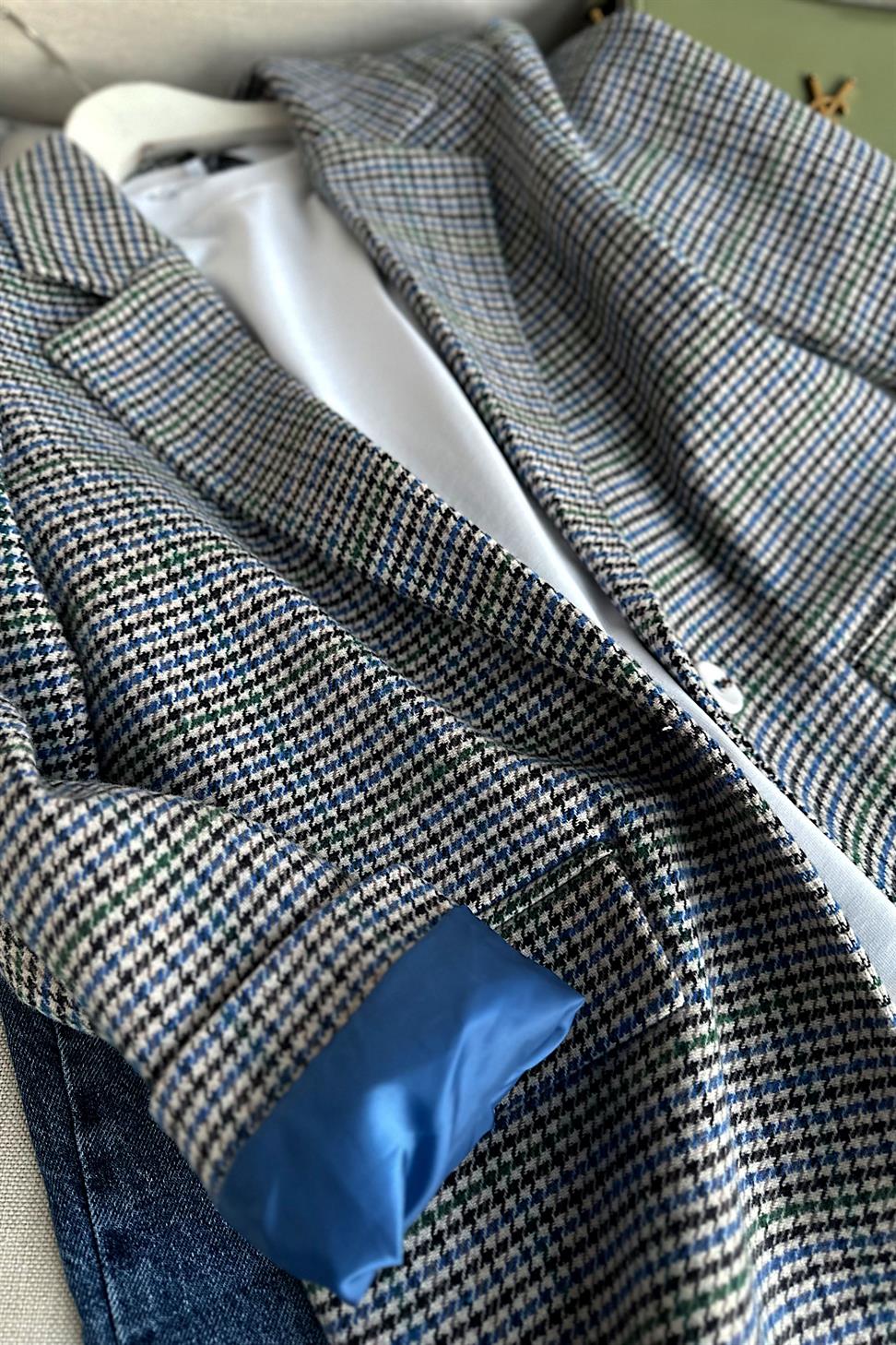 Kareli Kaşe Tek Düğme Blazer Ceket Mavi