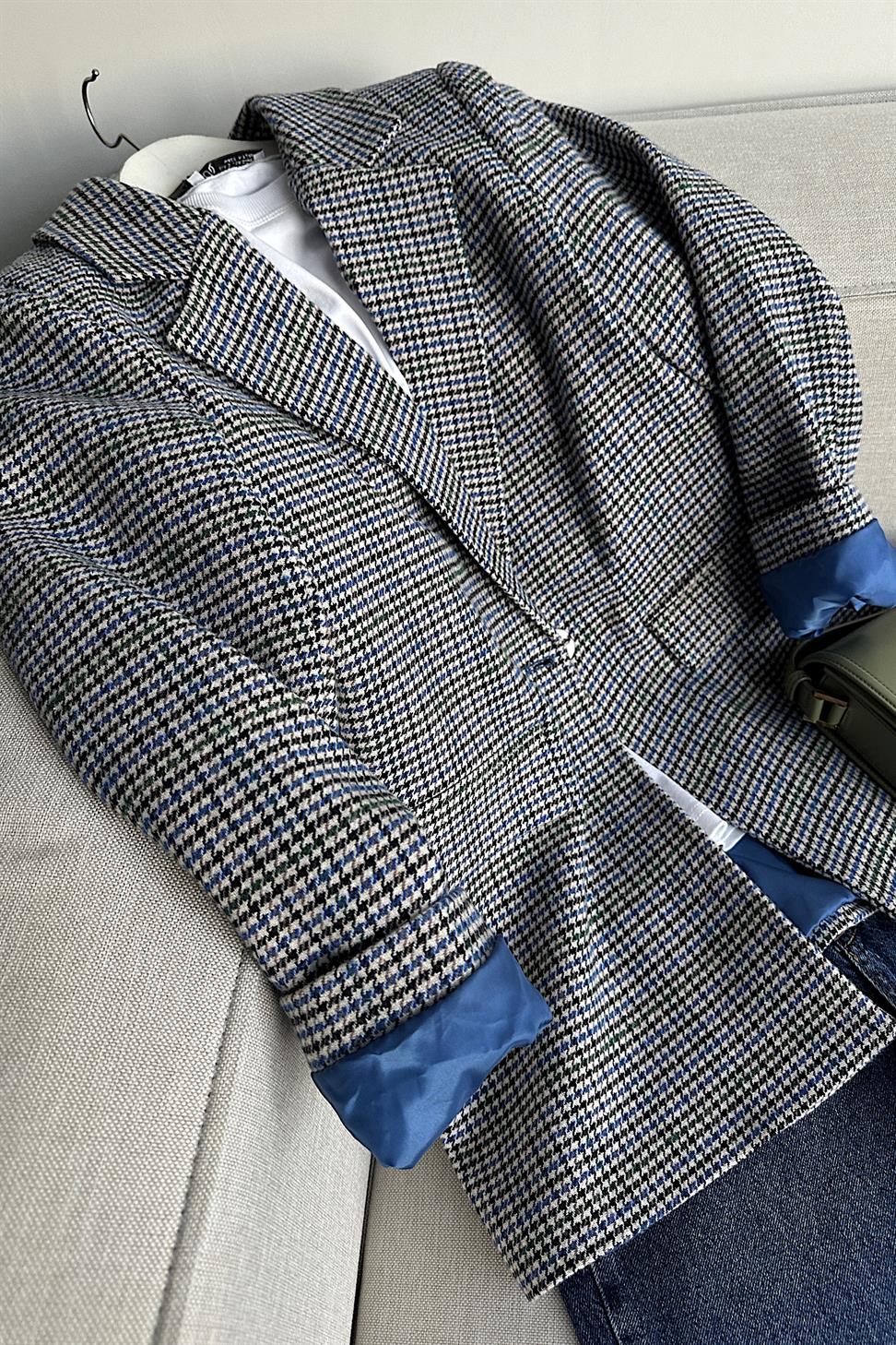 Kareli Kaşe Tek Düğme Blazer Ceket Mavi