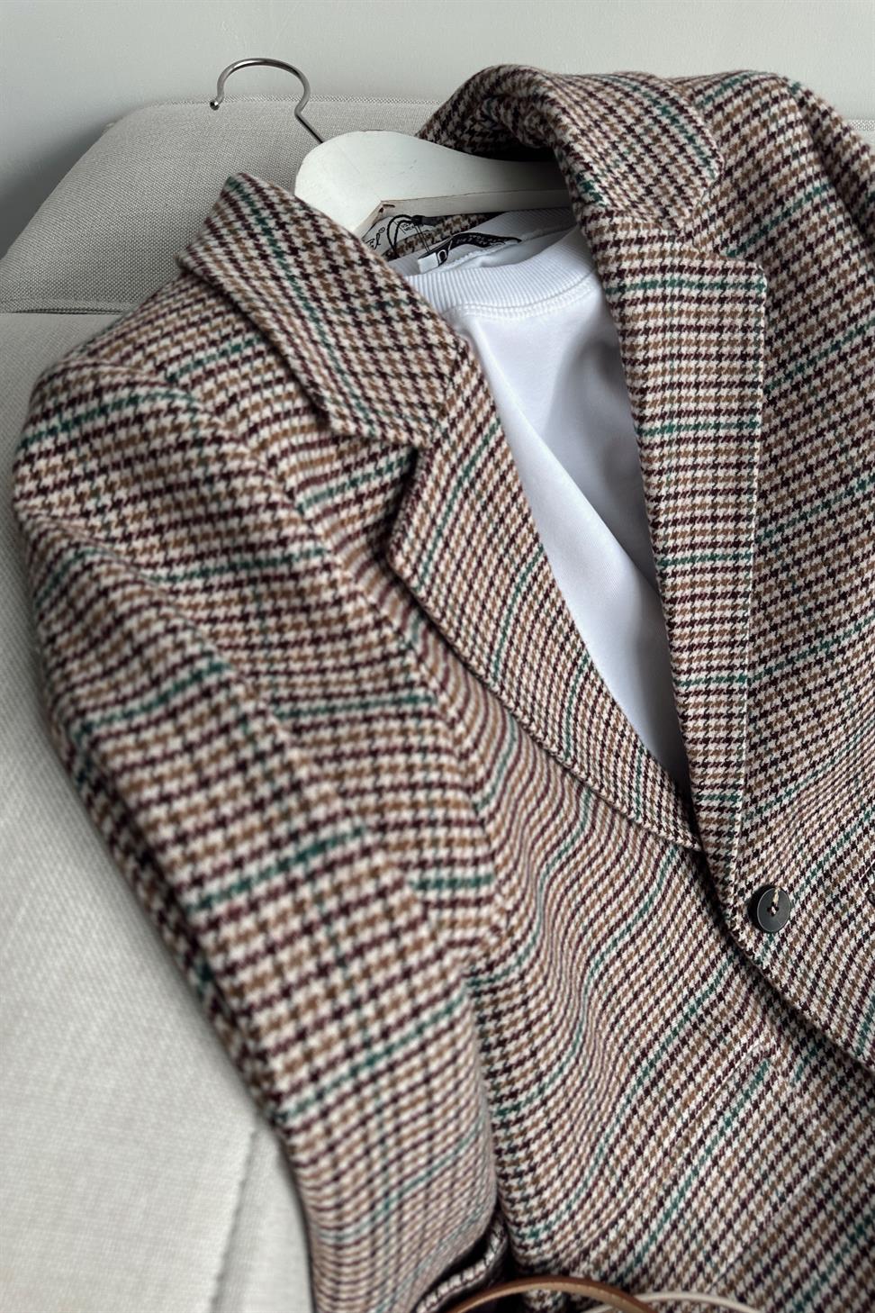 Kareli Kaşe Tek Düğme Blazer Ceket Mürdüm