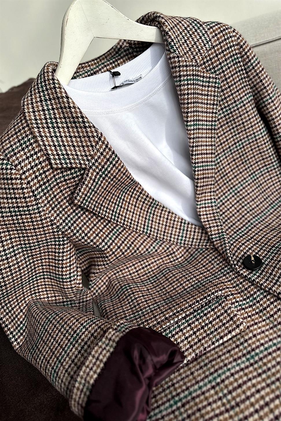 Kareli Kaşe Tek Düğme Blazer Ceket Mürdüm