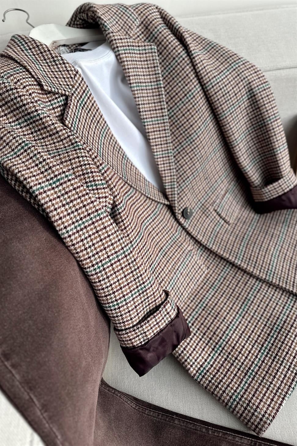 Kareli Kaşe Tek Düğme Blazer Ceket Mürdüm