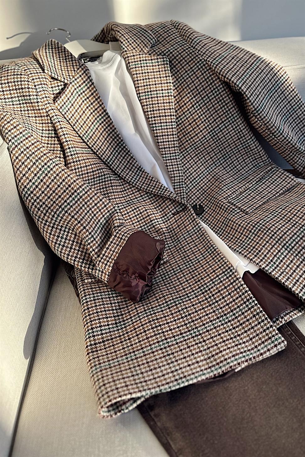 Kareli Kaşe Tek Düğme Blazer Ceket Mürdüm