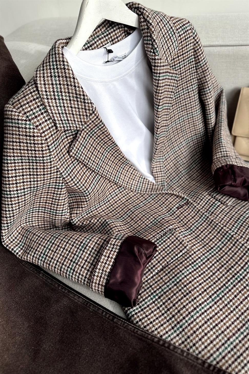 Kareli Kaşe Tek Düğme Blazer Ceket Mürdüm