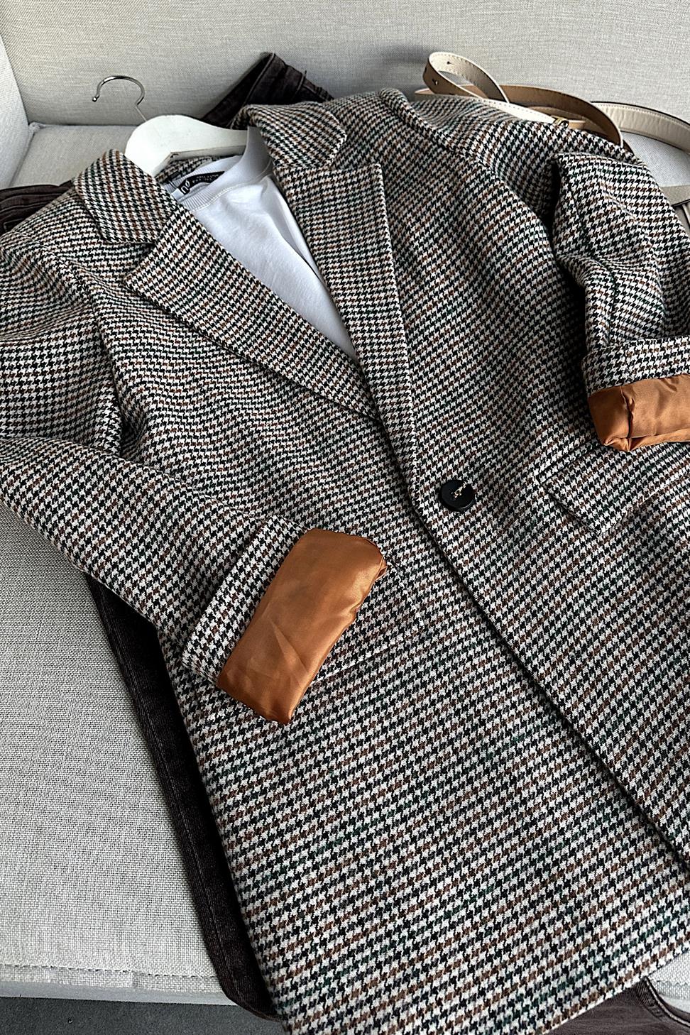 Kareli Kaşe Tek Düğme Blazer Ceket Turuncu