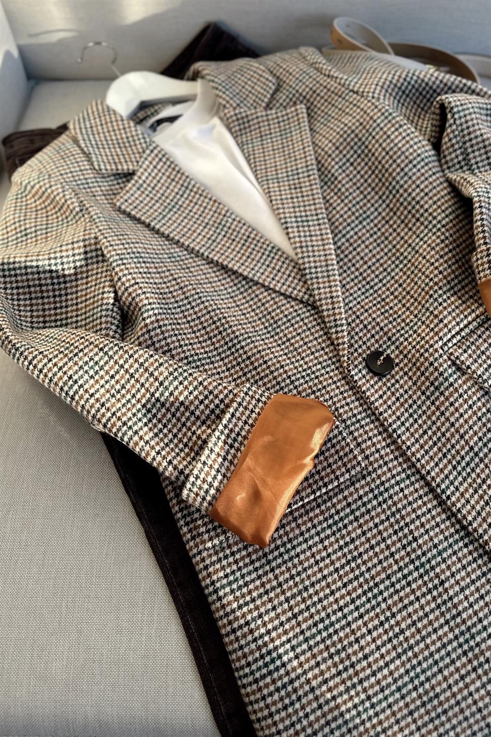 Kareli Kaşe Tek Düğme Blazer Ceket Turuncu