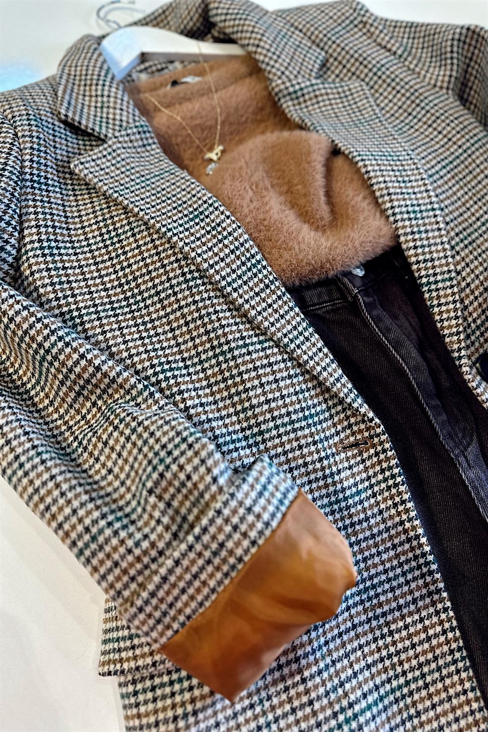 Kareli Kaşe Tek Düğme Blazer Ceket Turuncu