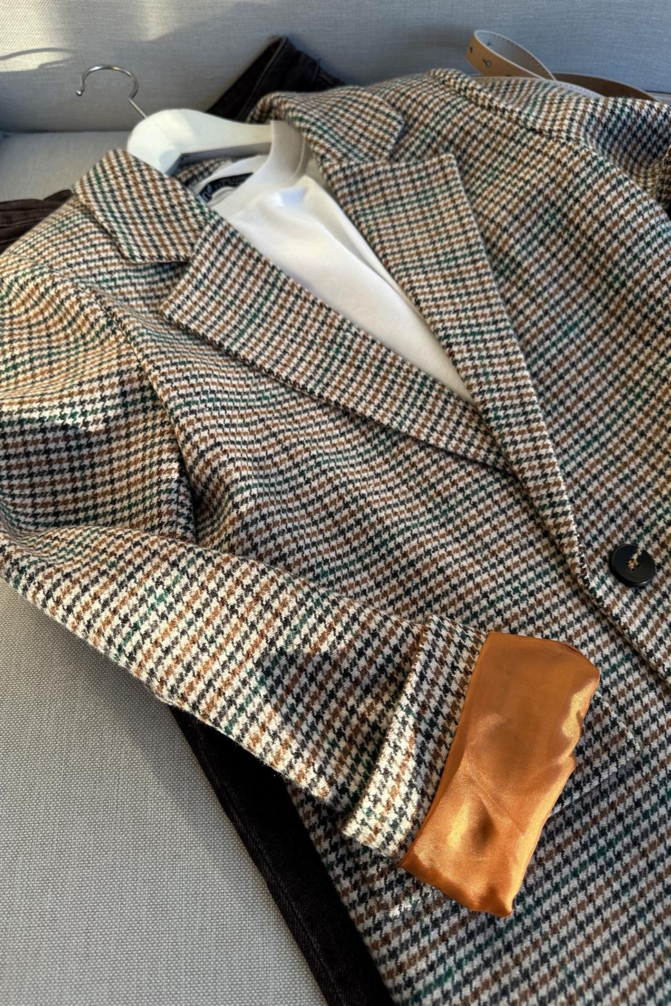 Kareli Kaşe Tek Düğme Blazer Ceket Turuncu