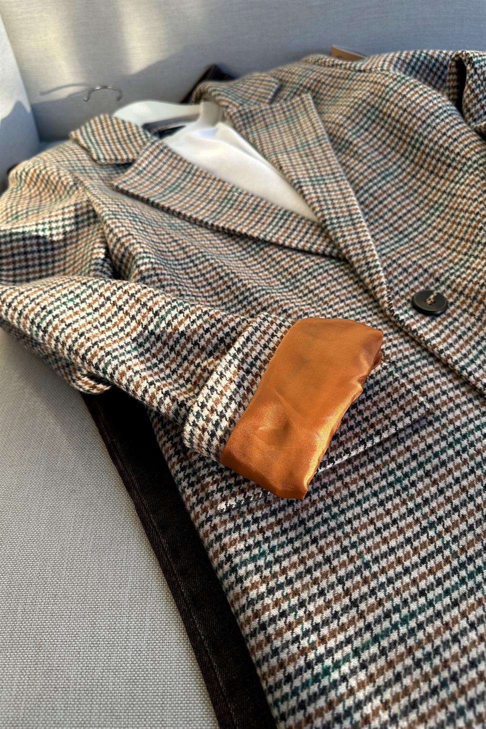 Kareli Kaşe Tek Düğme Blazer Ceket Turuncu