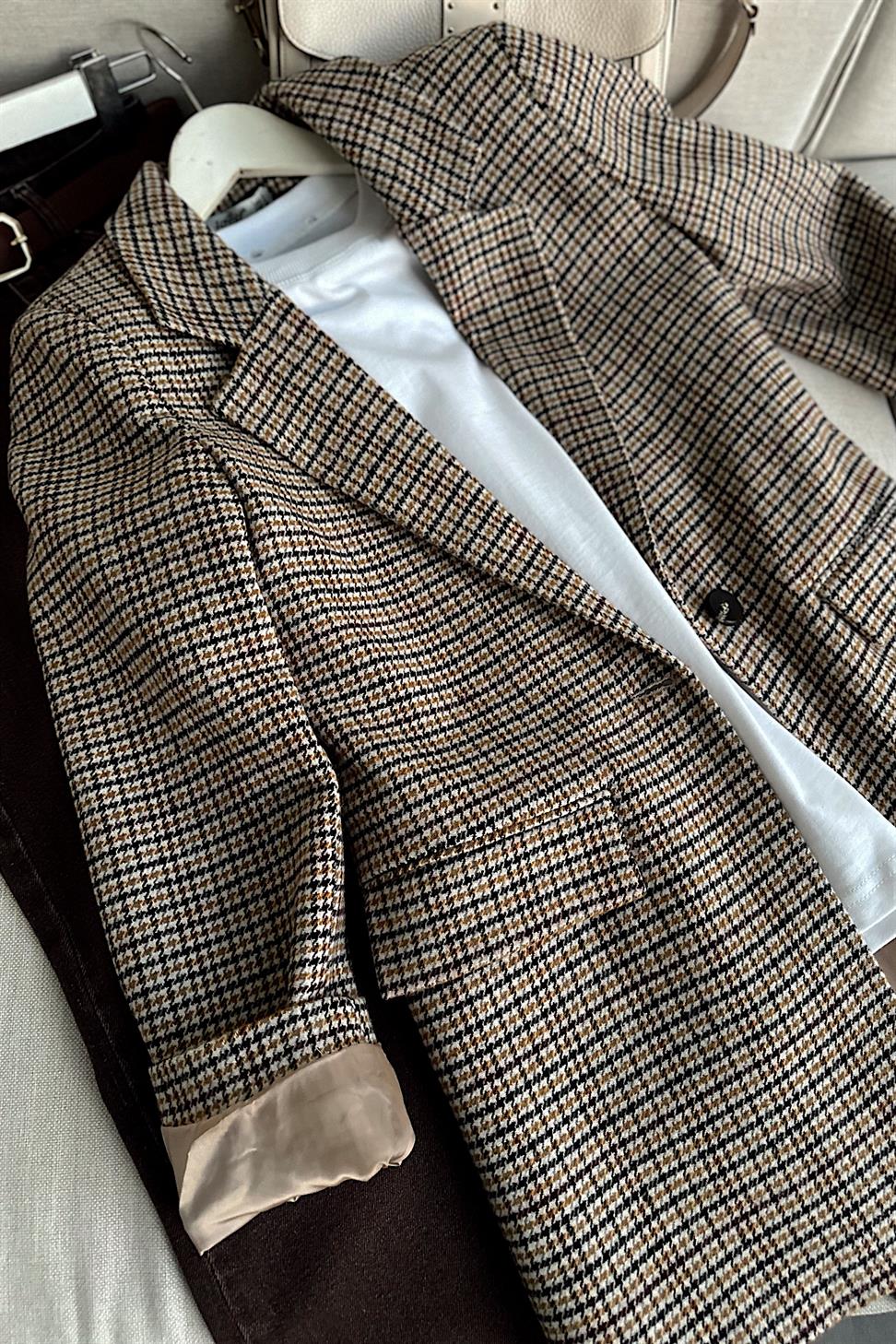 Kareli Kaşe Tek Düğme Blazer Ceket Vizon