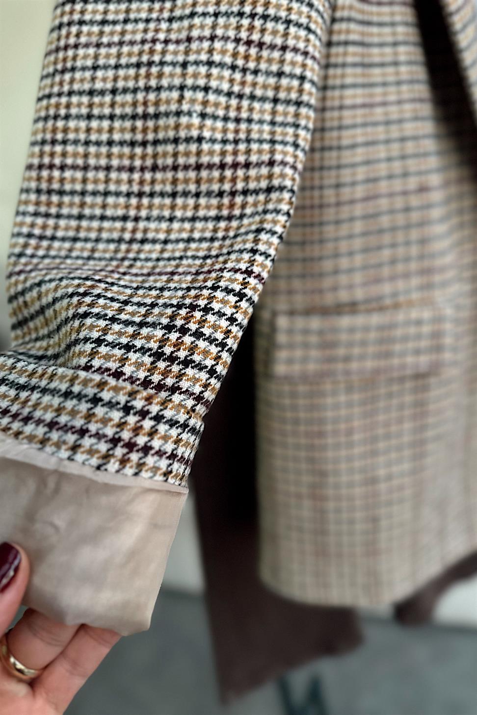 Kareli Kaşe Tek Düğme Blazer Ceket Vizon