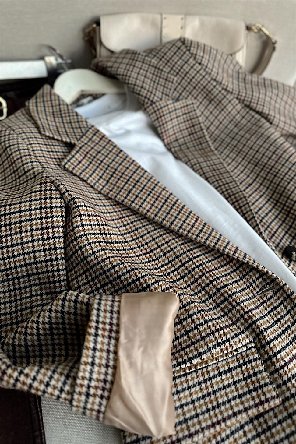 Kareli Kaşe Tek Düğme Blazer Ceket Vizon