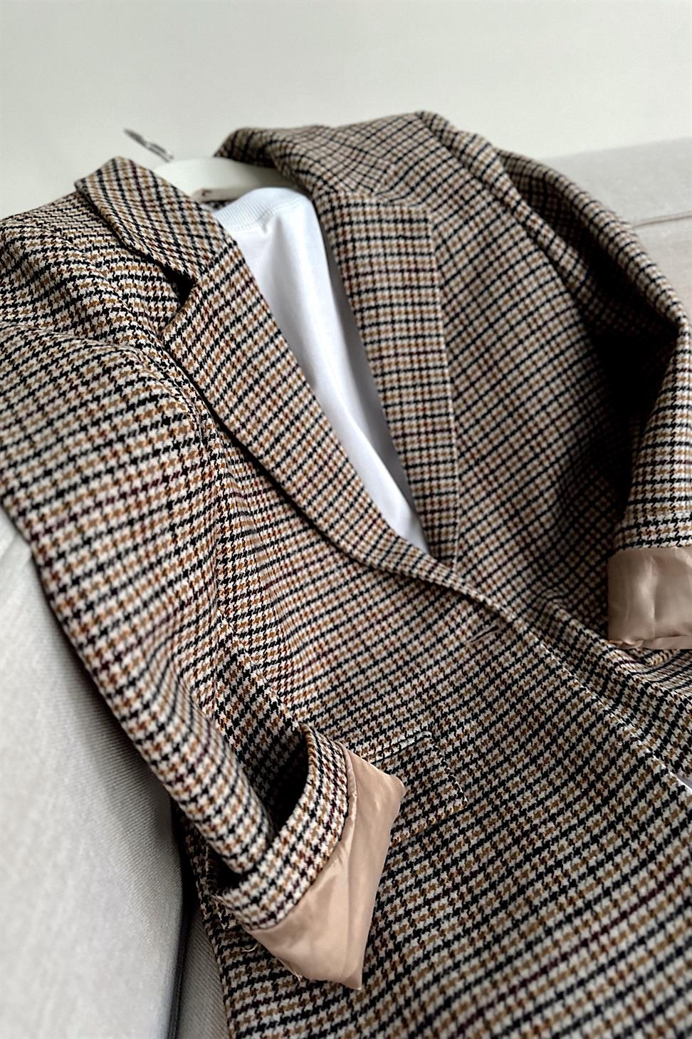 Kareli Kaşe Tek Düğme Blazer Ceket Vizon