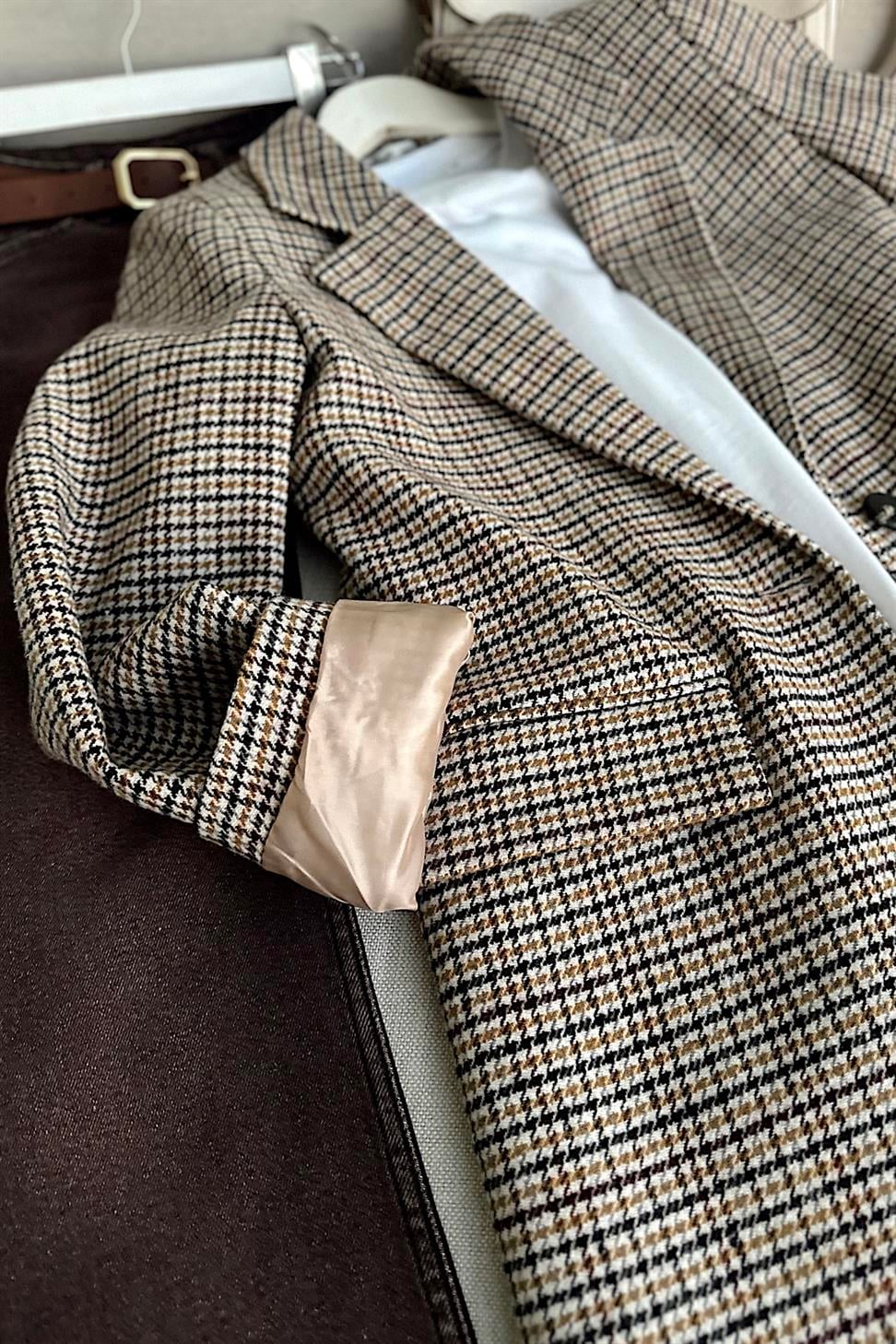 Kareli Kaşe Tek Düğme Blazer Ceket Vizon
