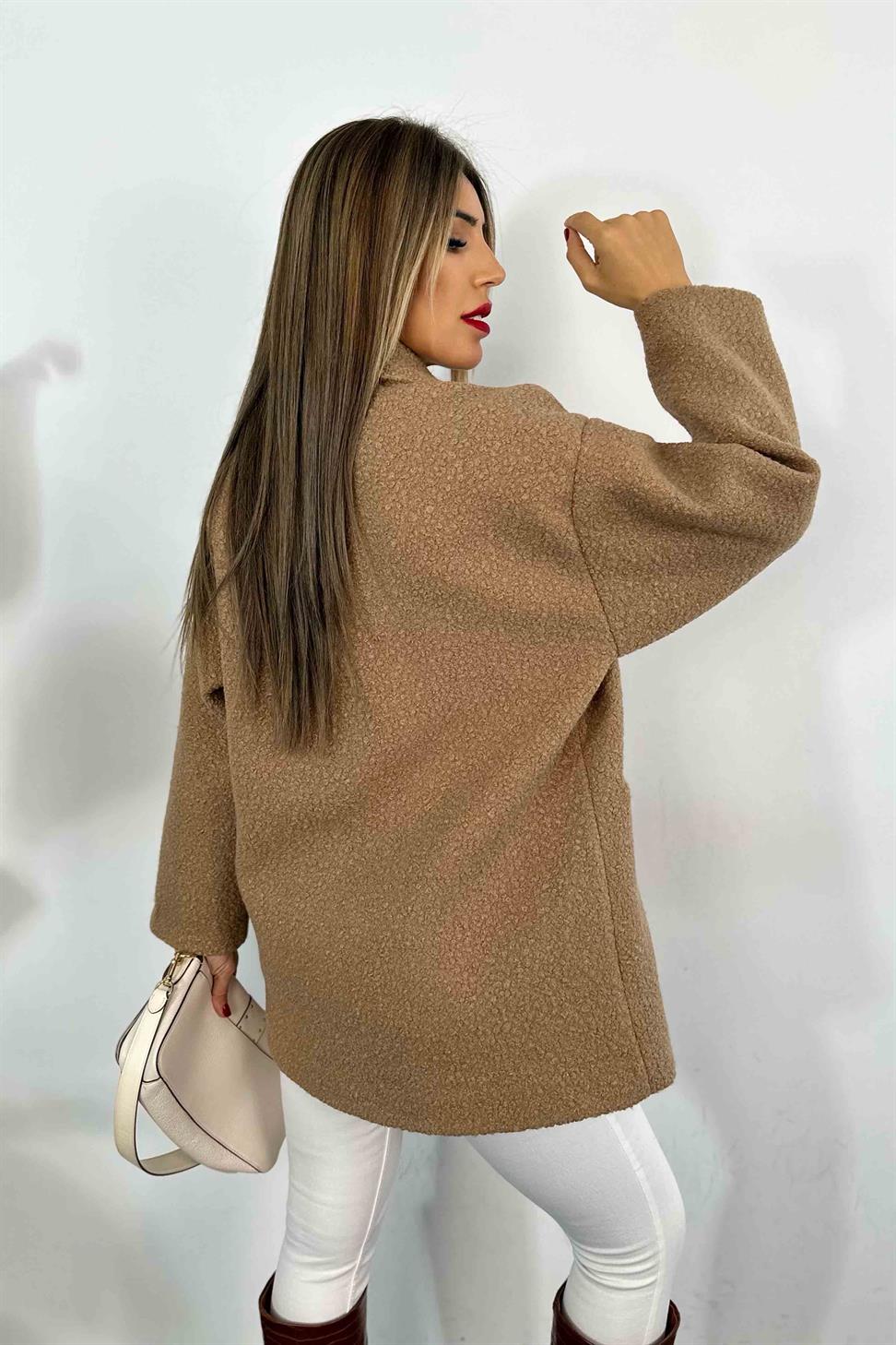 Kaşe Detay Uzun Bürümcük Kaban Bej