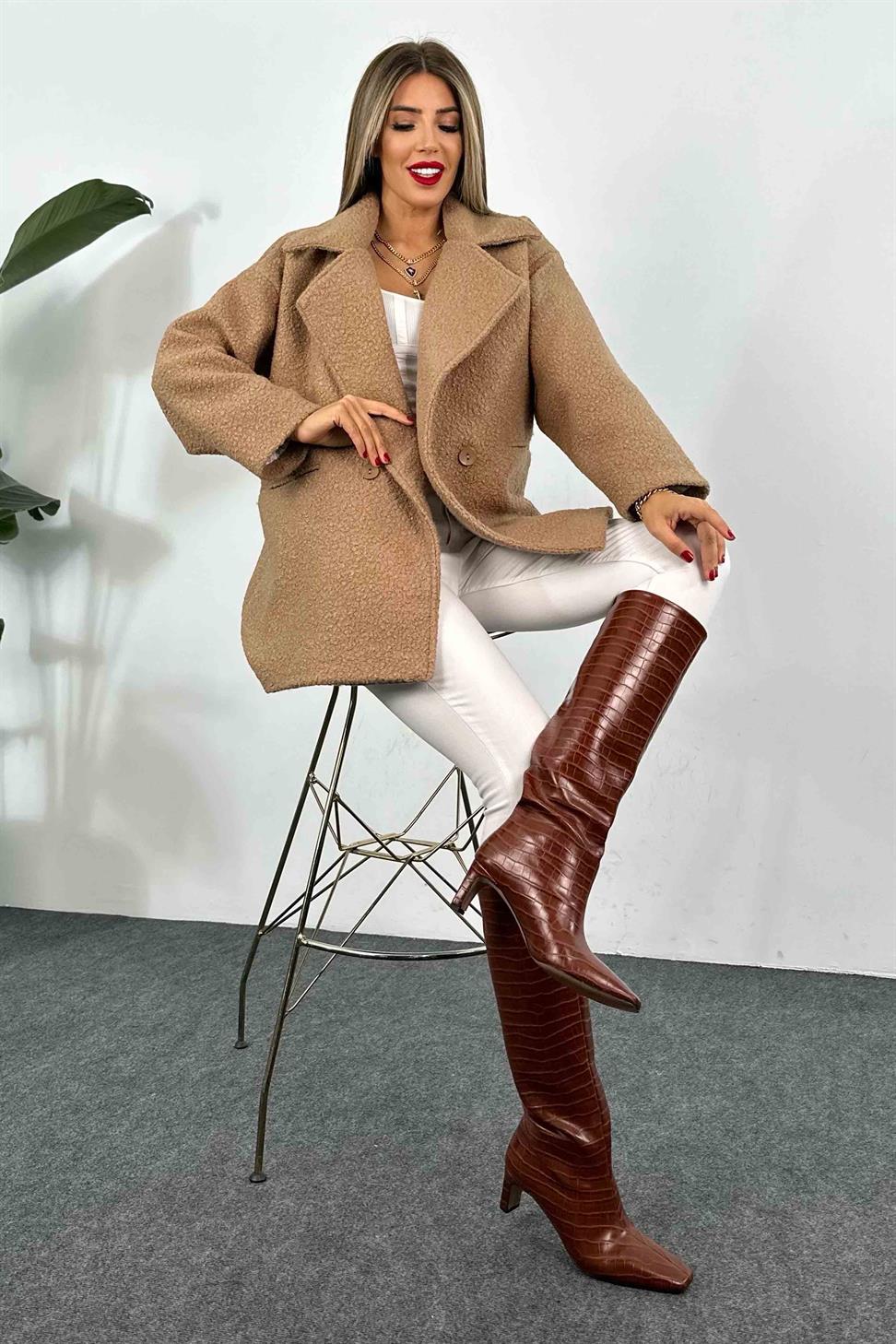 Kaşe Detay Uzun Bürümcük Kaban Bej