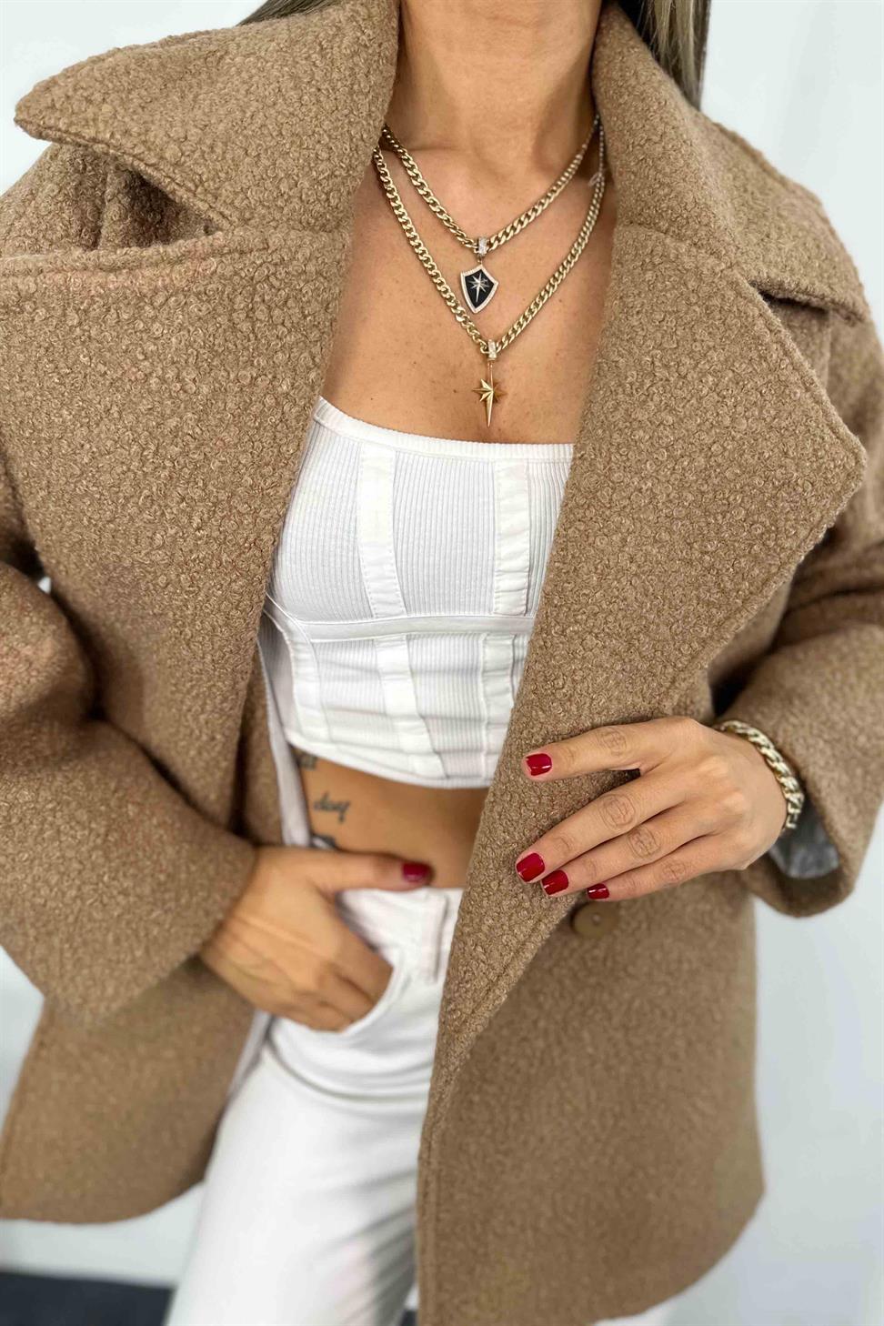 Kaşe Detay Uzun Bürümcük Kaban Bej