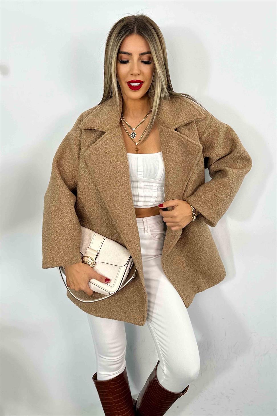 Kaşe Detay Uzun Bürümcük Kaban Bej