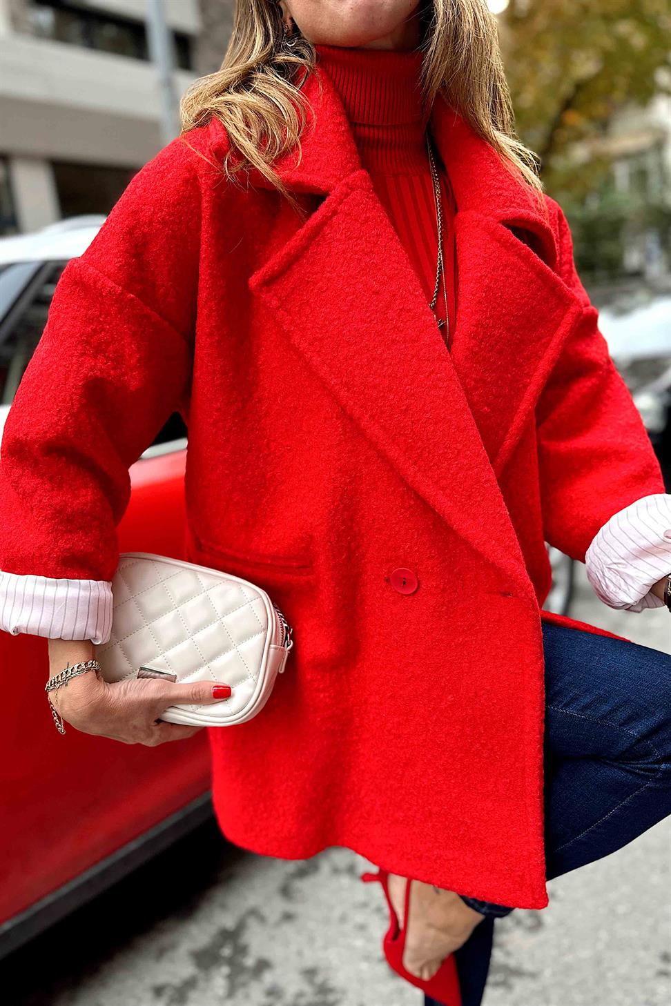 Kaşe Detay Uzun Bürümcük Kaban Kırmızı