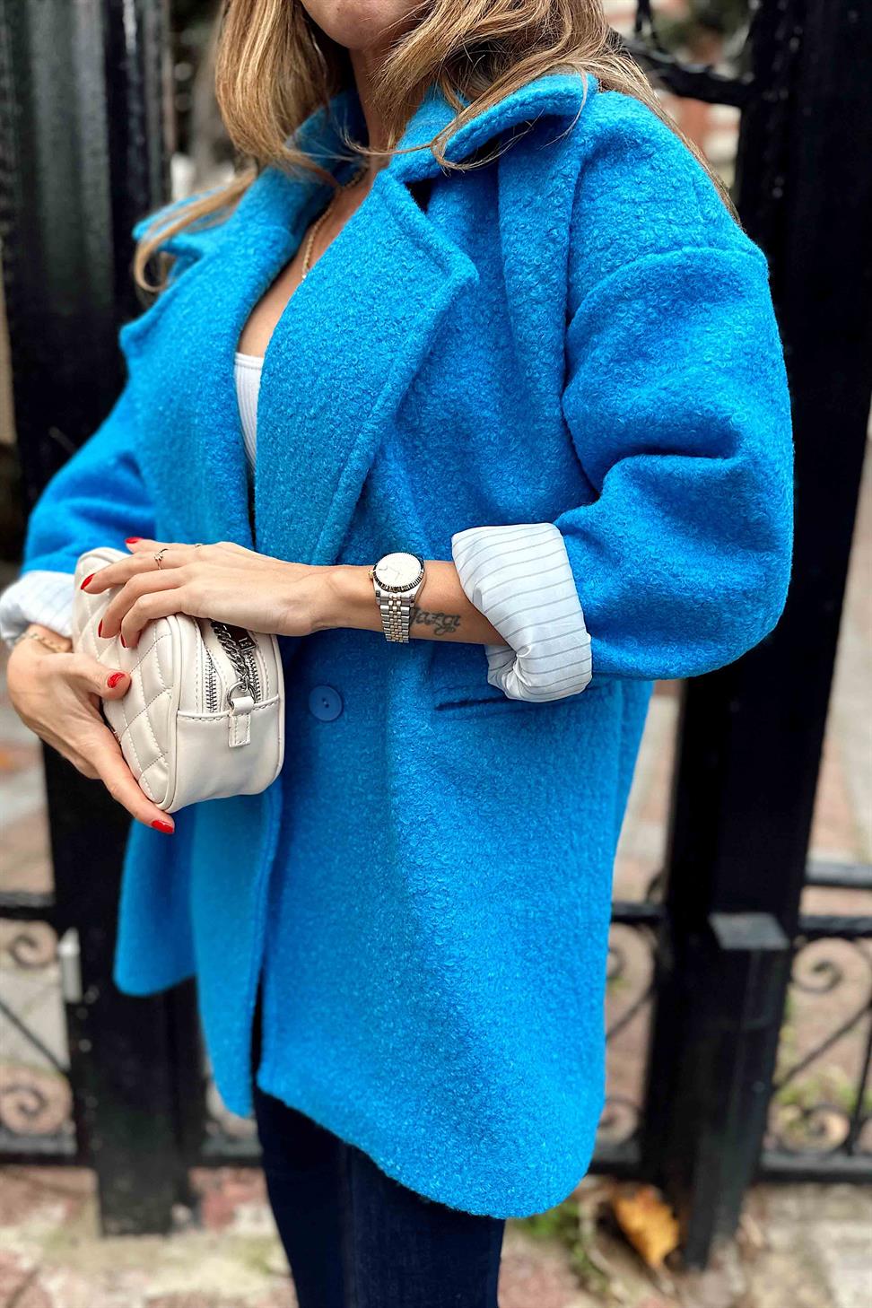 Kaşe Detay Uzun Bürümcük Kaban Mavi