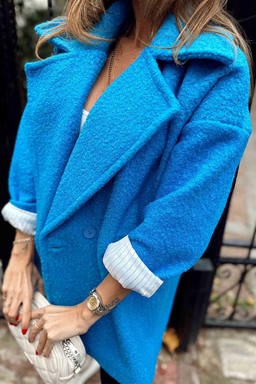 Kaşe Detay Uzun Bürümcük Kaban Mavi