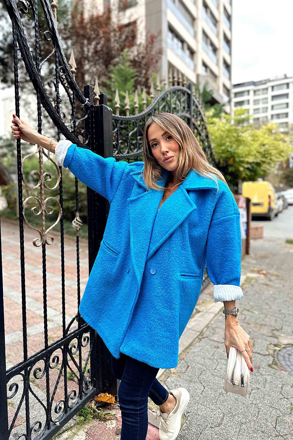 Kaşe Detay Uzun Bürümcük Kaban Mavi