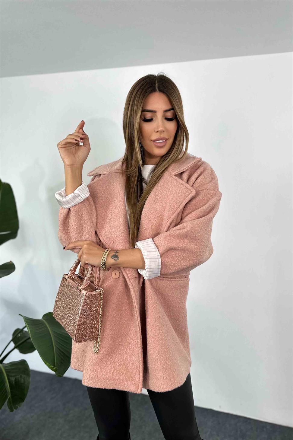 Kaşe Detay Uzun Bürümcük Kaban Pudra