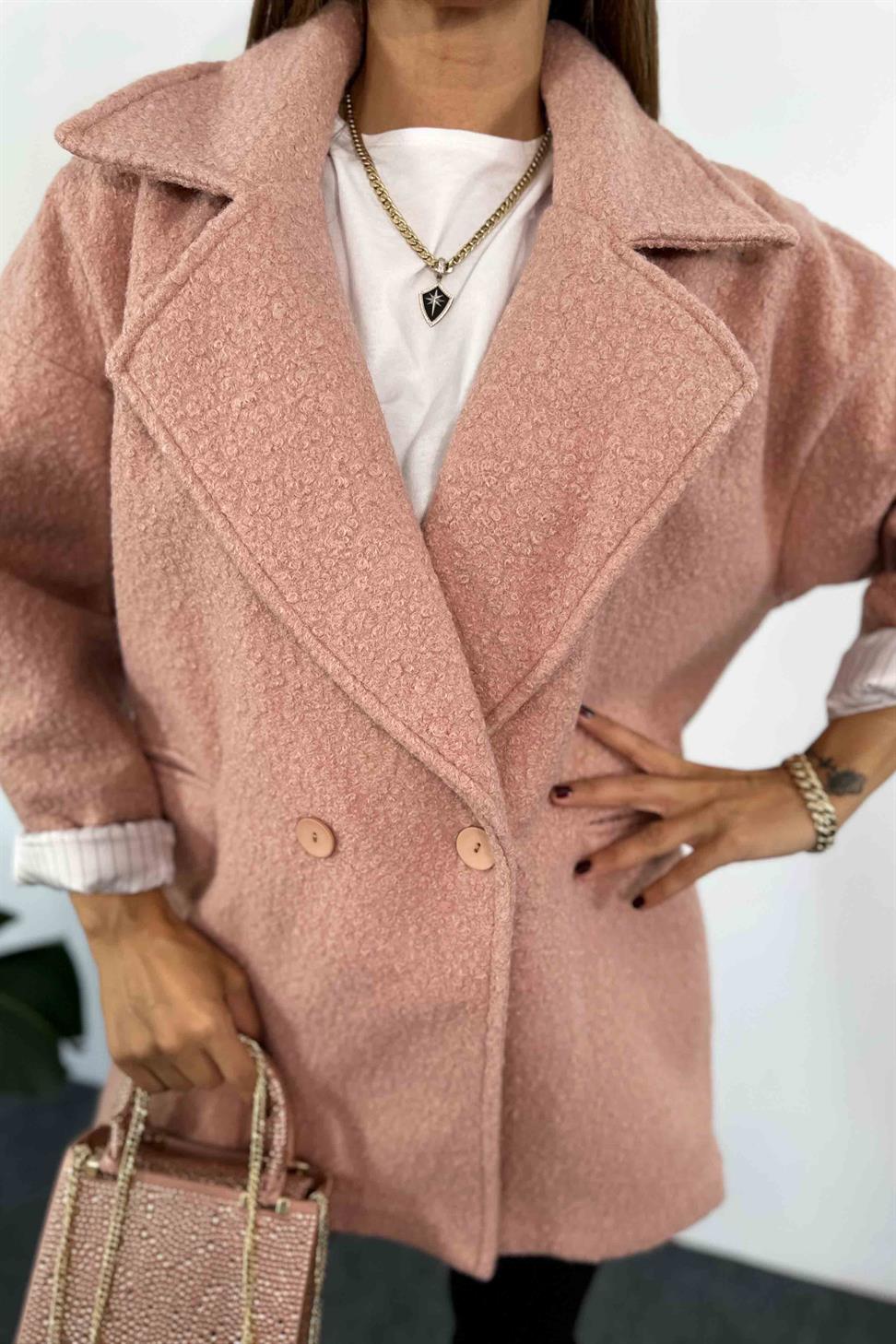 Kaşe Detay Uzun Bürümcük Kaban Pudra