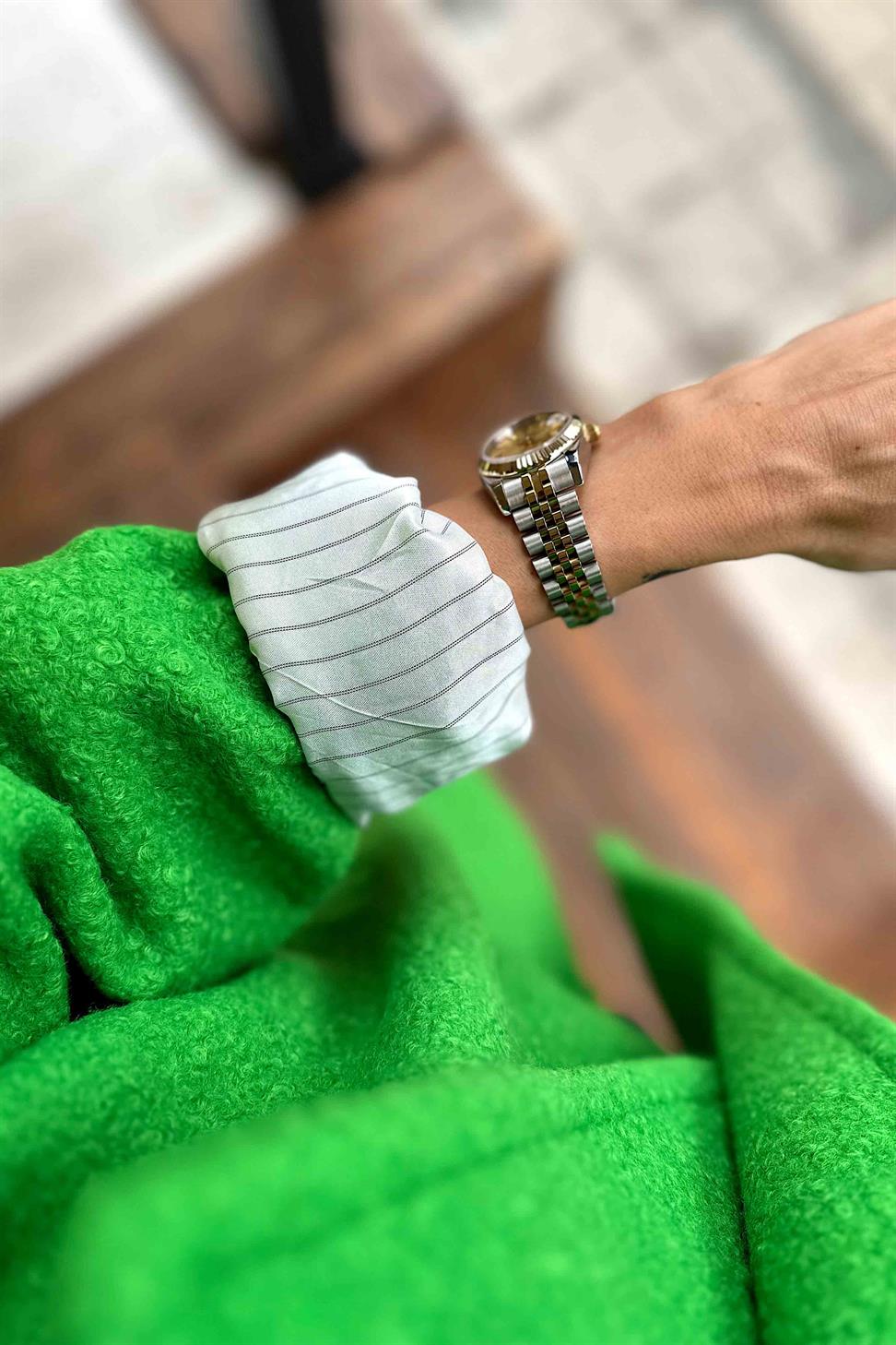 Kaşe Detay Uzun Bürümcük Kaban Yeşil