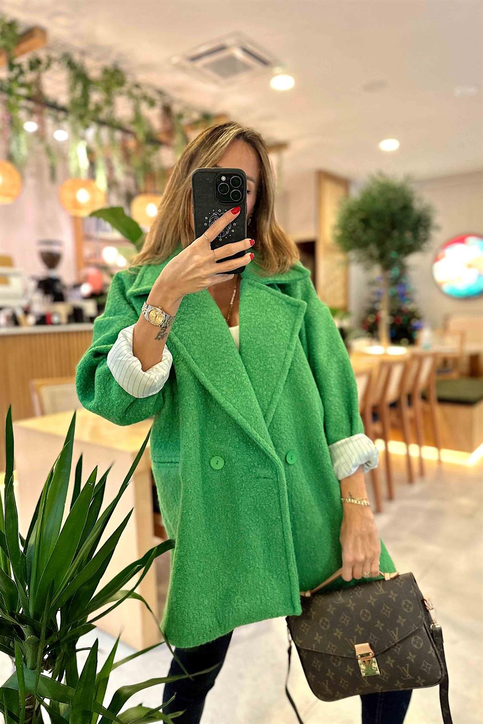 Kaşe Detay Uzun Bürümcük Kaban Yeşil