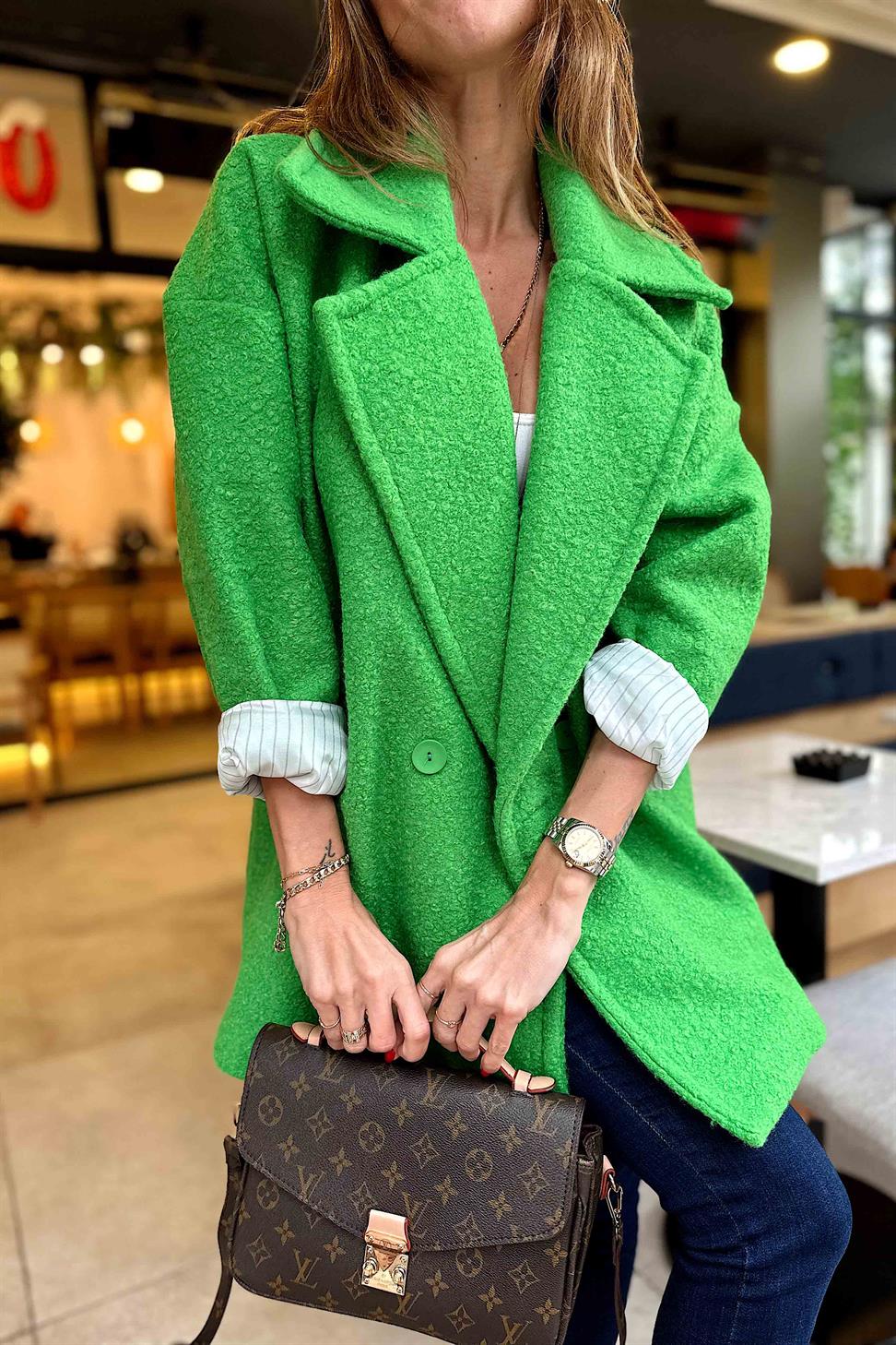 Kaşe Detay Uzun Bürümcük Kaban Yeşil