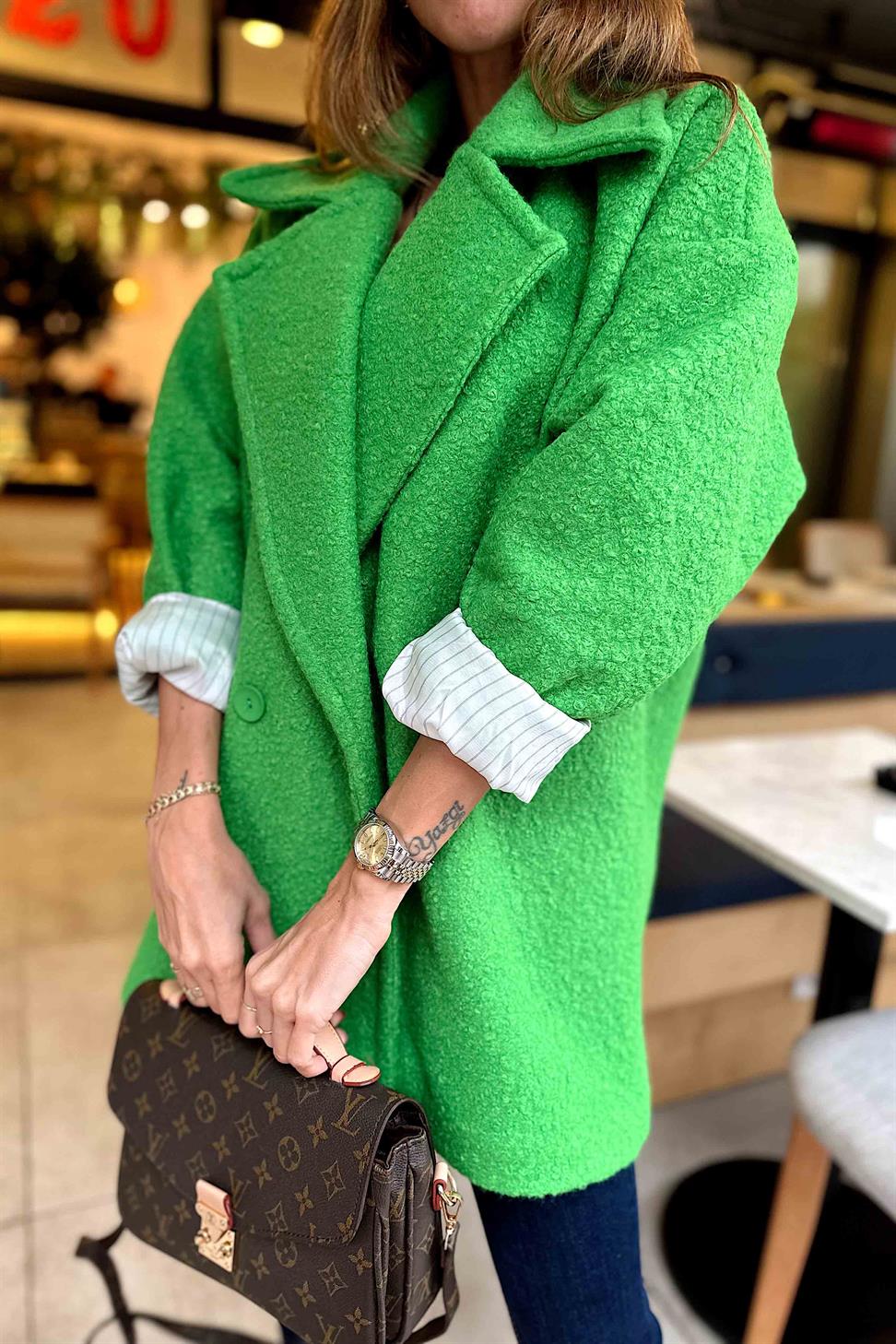 Kaşe Detay Uzun Bürümcük Kaban Yeşil