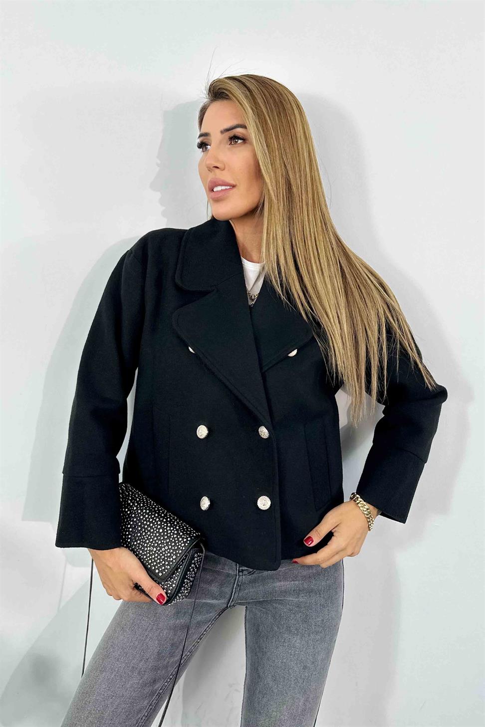 Kaşe Kumaş Silver Düğmeli Kısa Kadın Kaban Siyah