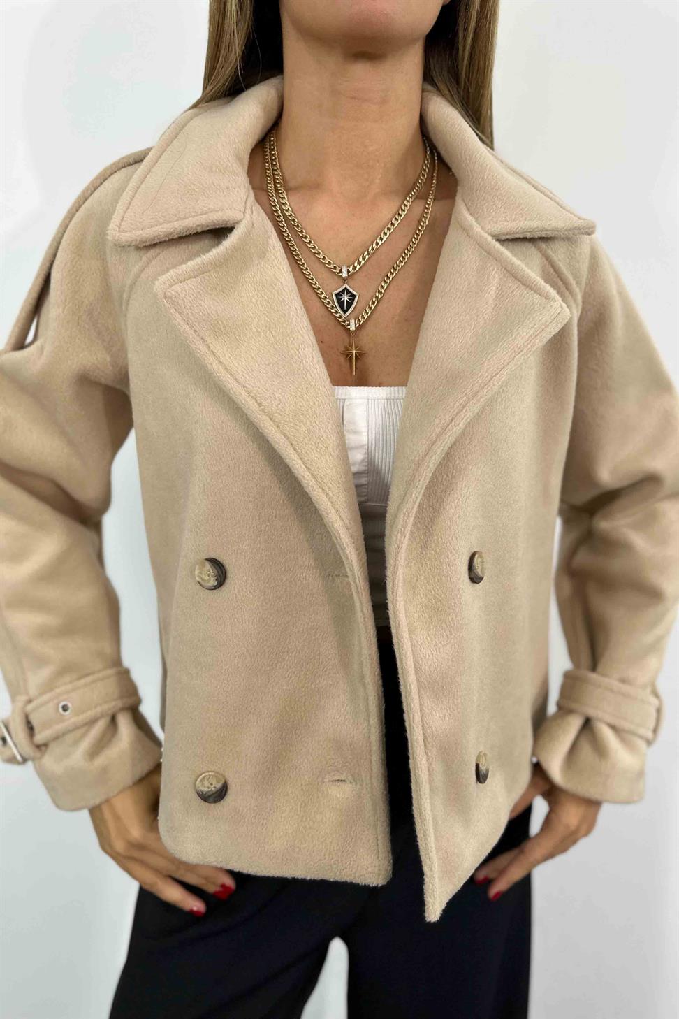 Kaşe Tüylü Kumaş Kısa Kaban Bej