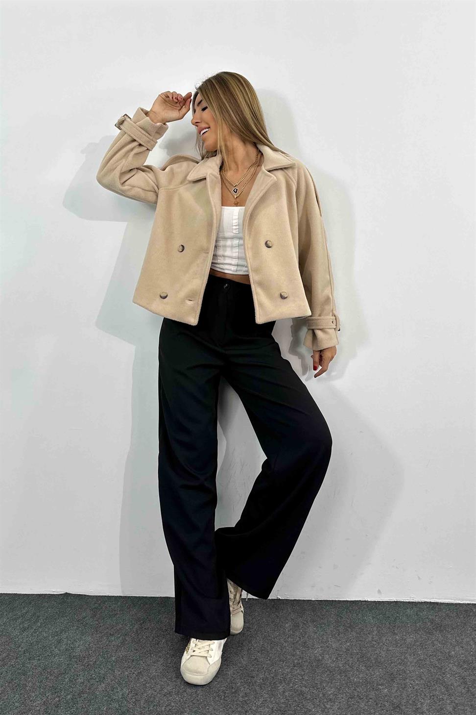 Kaşe Tüylü Kumaş Kısa Kaban Bej