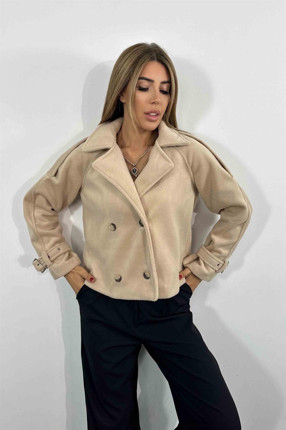 Kaşe Tüylü Kumaş Kısa Kaban Bej