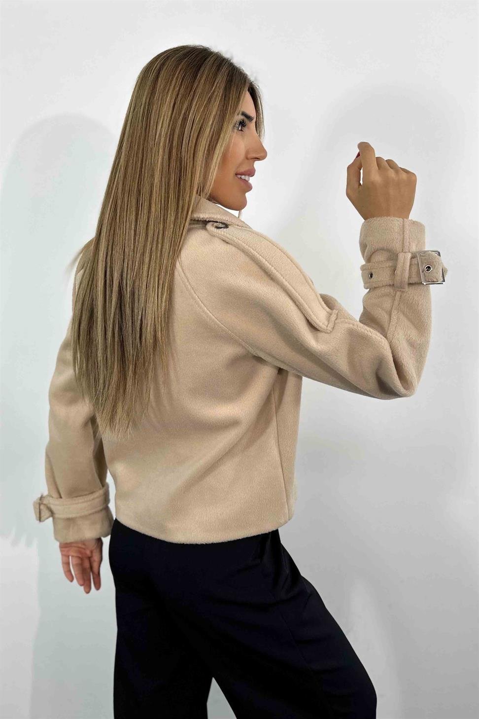 Kaşe Tüylü Kumaş Kısa Kaban Bej