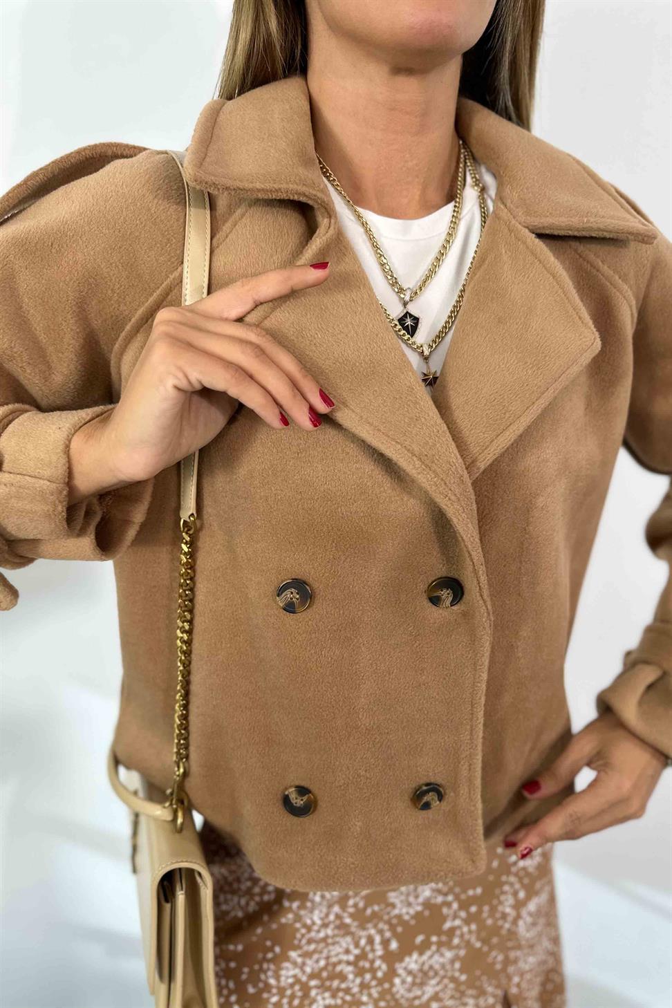 Kaşe Tüylü Kumaş Kısa Kaban Camel