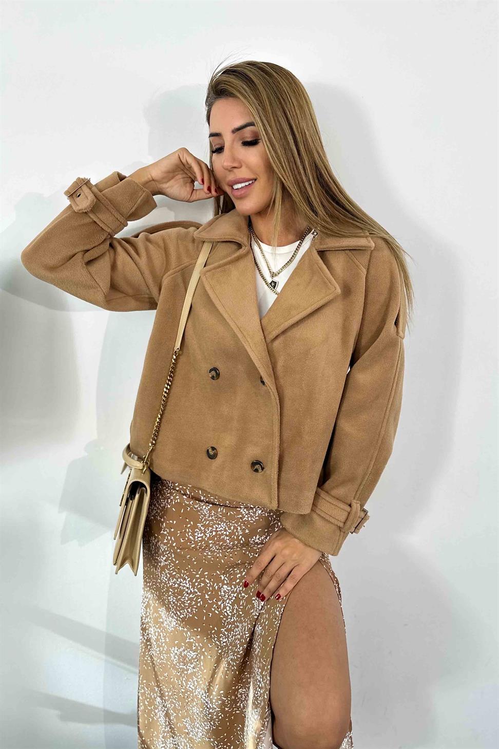 Kaşe Tüylü Kumaş Kısa Kaban Camel