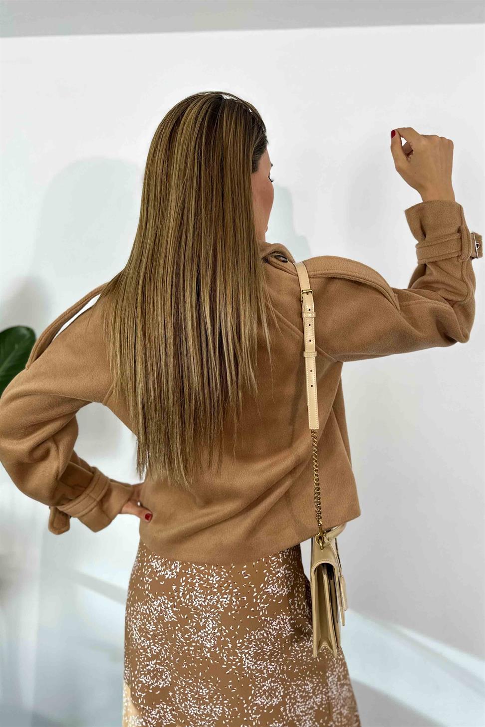 Kaşe Tüylü Kumaş Kısa Kaban Camel