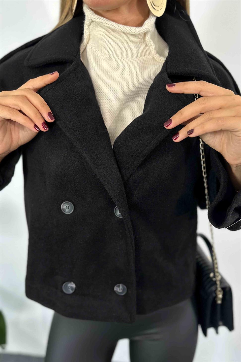 Kaşe Tüylü Kumaş Kısa Kaban Siyah