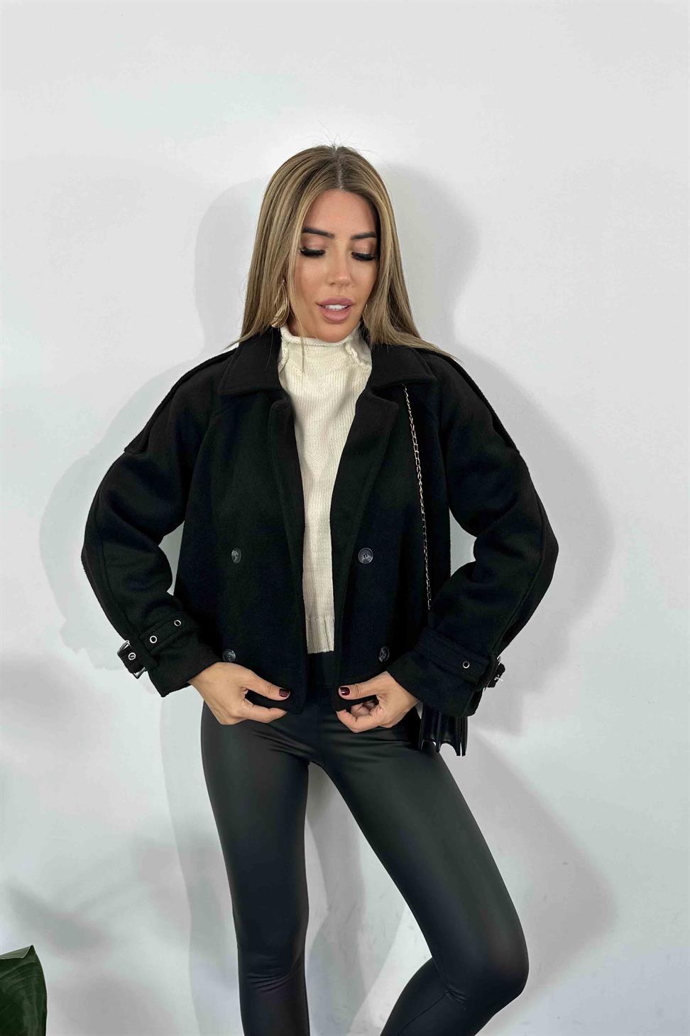 Kaşe Tüylü Kumaş Kısa Kaban Siyah