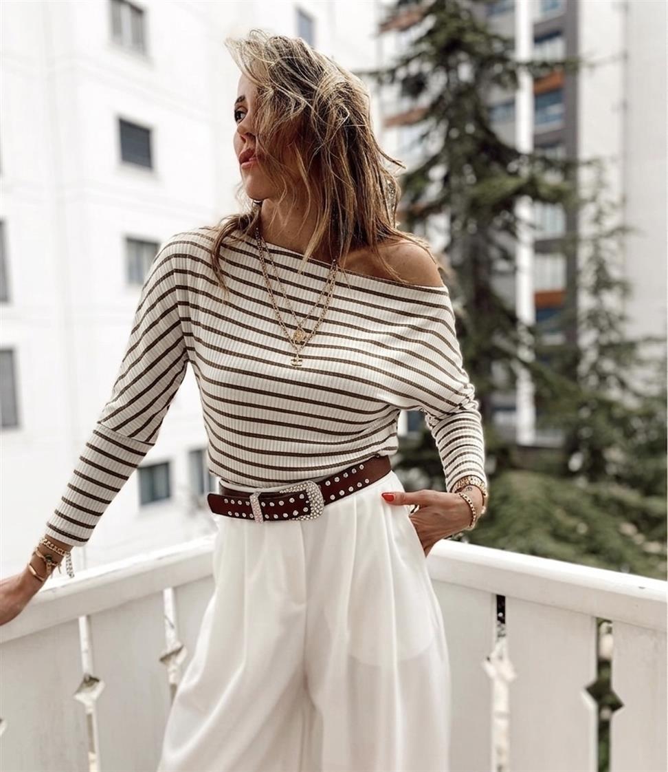 Kayık Yaka Fitilli Basic Bluz Kahve Beyaz