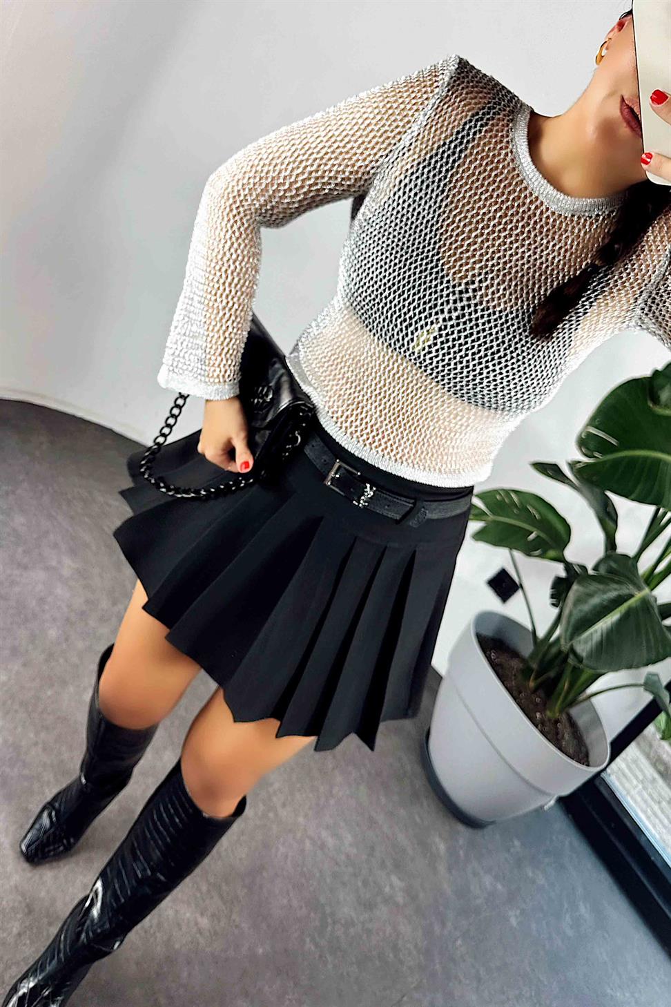 Kemerli Pileli Şortlu Mini Etek Siyah