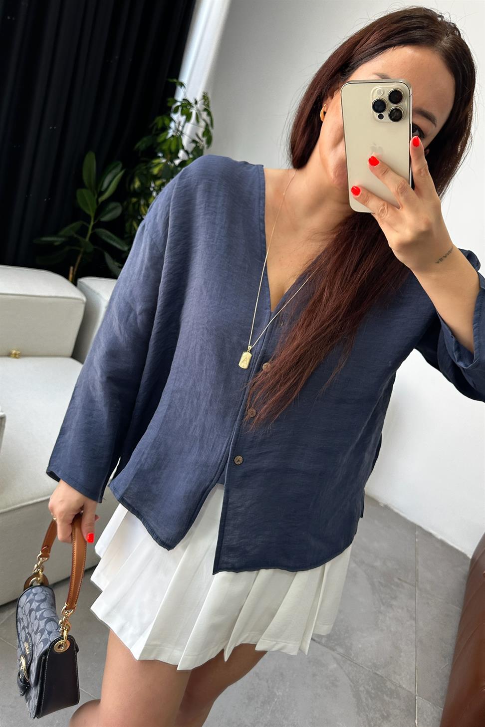 Keten Dokulu Ahşap Düğmeli Gömlek Lacivert