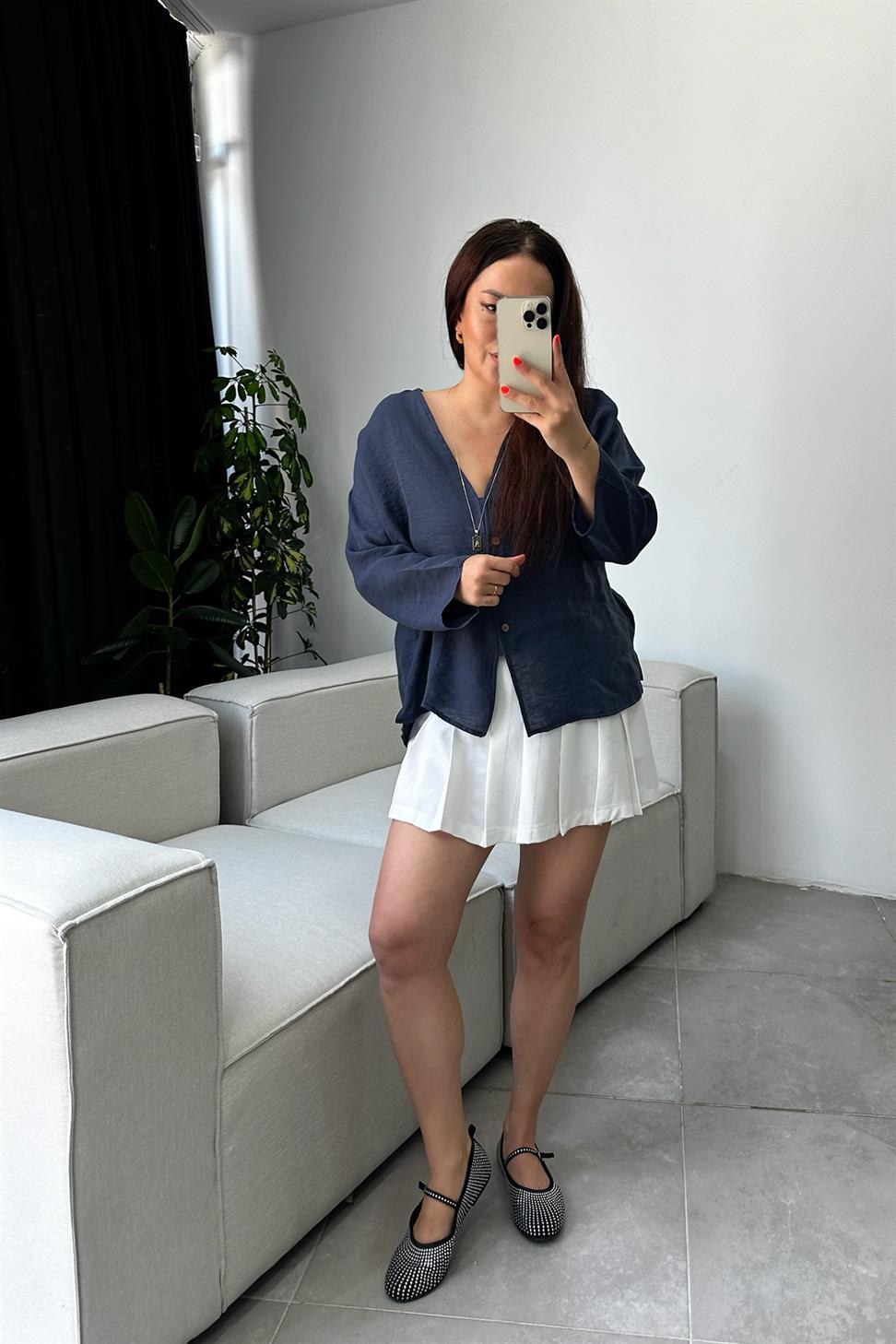 Keten Dokulu Ahşap Düğmeli Gömlek Lacivert