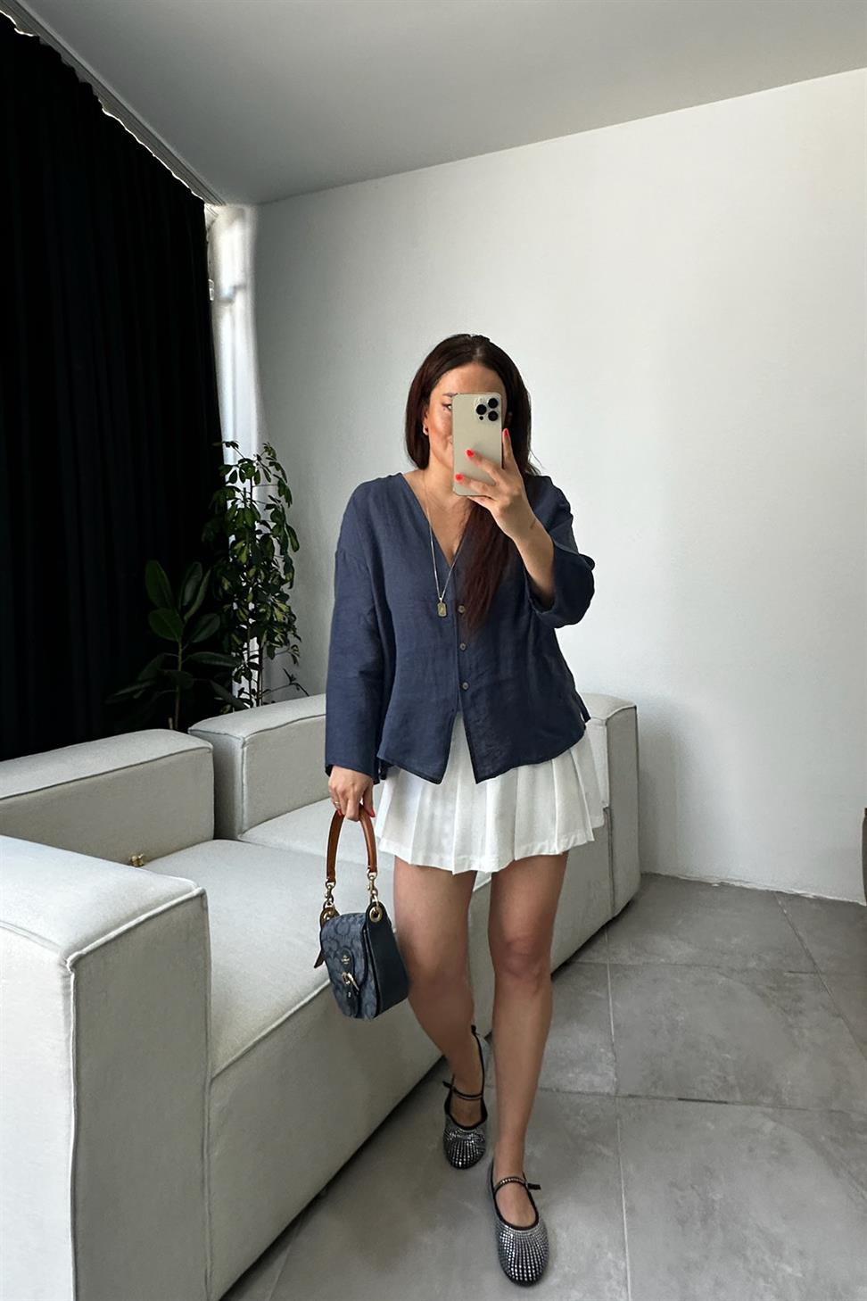 Keten Dokulu Ahşap Düğmeli Gömlek Lacivert