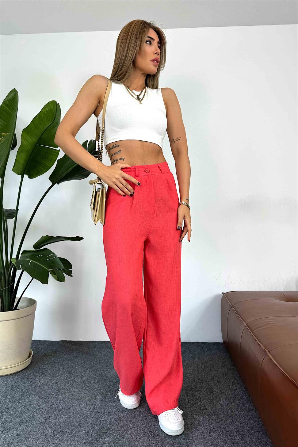 Keten Dokulu Beli Pens Detaylı Palazzo Pantolon Nar Çiçeği