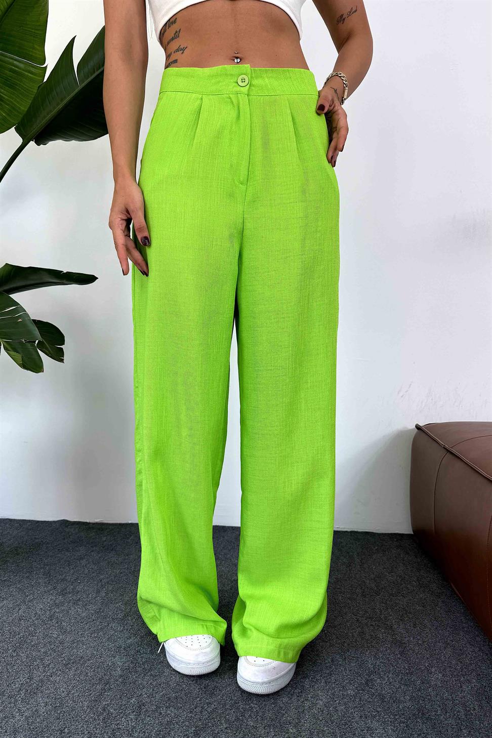 Keten Dokulu Beli Pens Detaylı Palazzo Pantolon Neon Yeşil